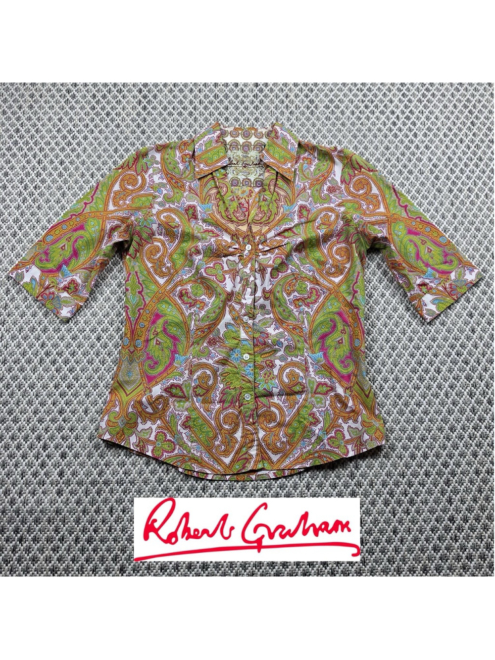 Robert Graham Womens Orange Green Paisley Button Up Shirt Flip Cuff Size XS